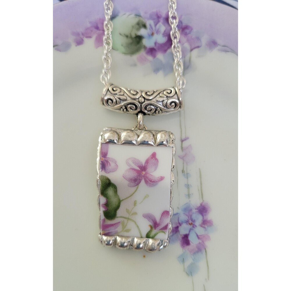 Vintage Purple Violet Broken China Pendant Necklace, Hand Soldered
